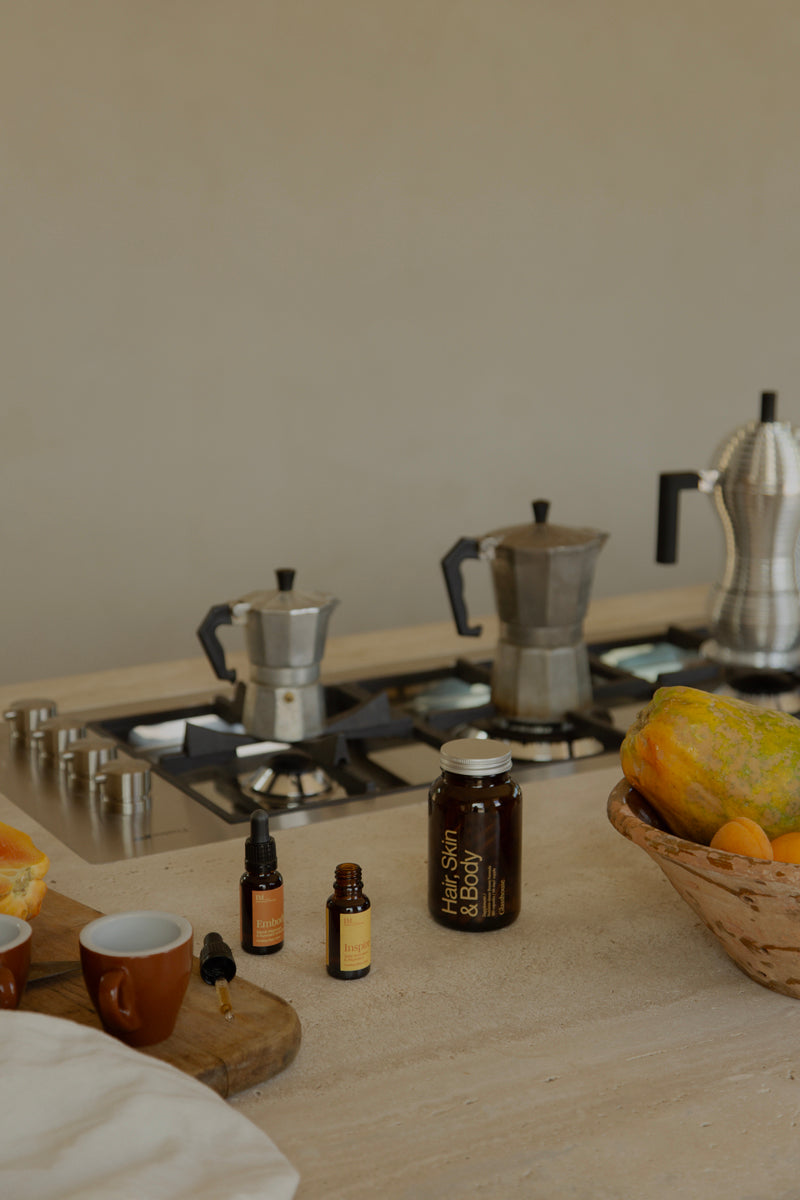 Glasshouse_IM_fruit_landscape_kitchen_inspire_embody landscape image with coffe pots and fruit and personal care suppliments
