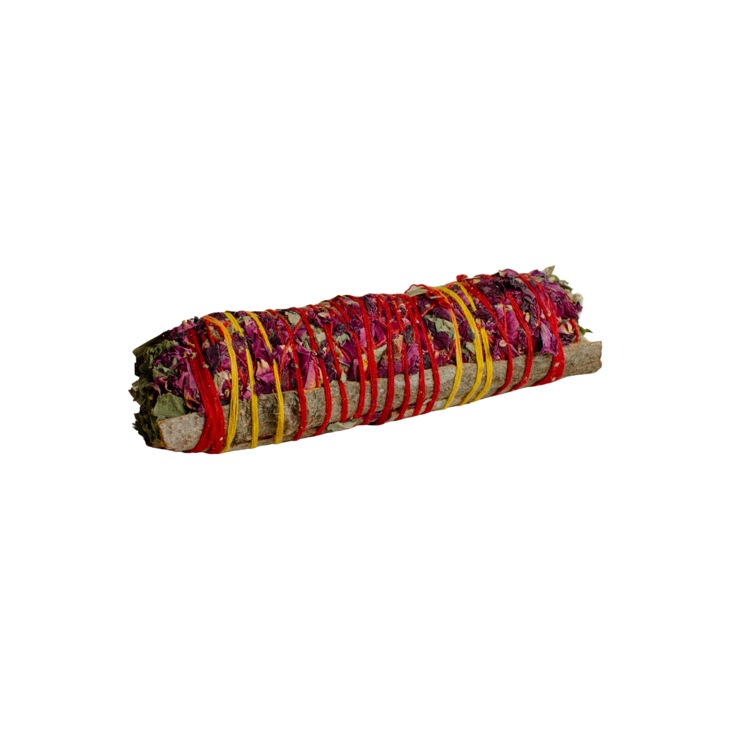 Rolled Havan sage bundle with colorful ribbons on a white background