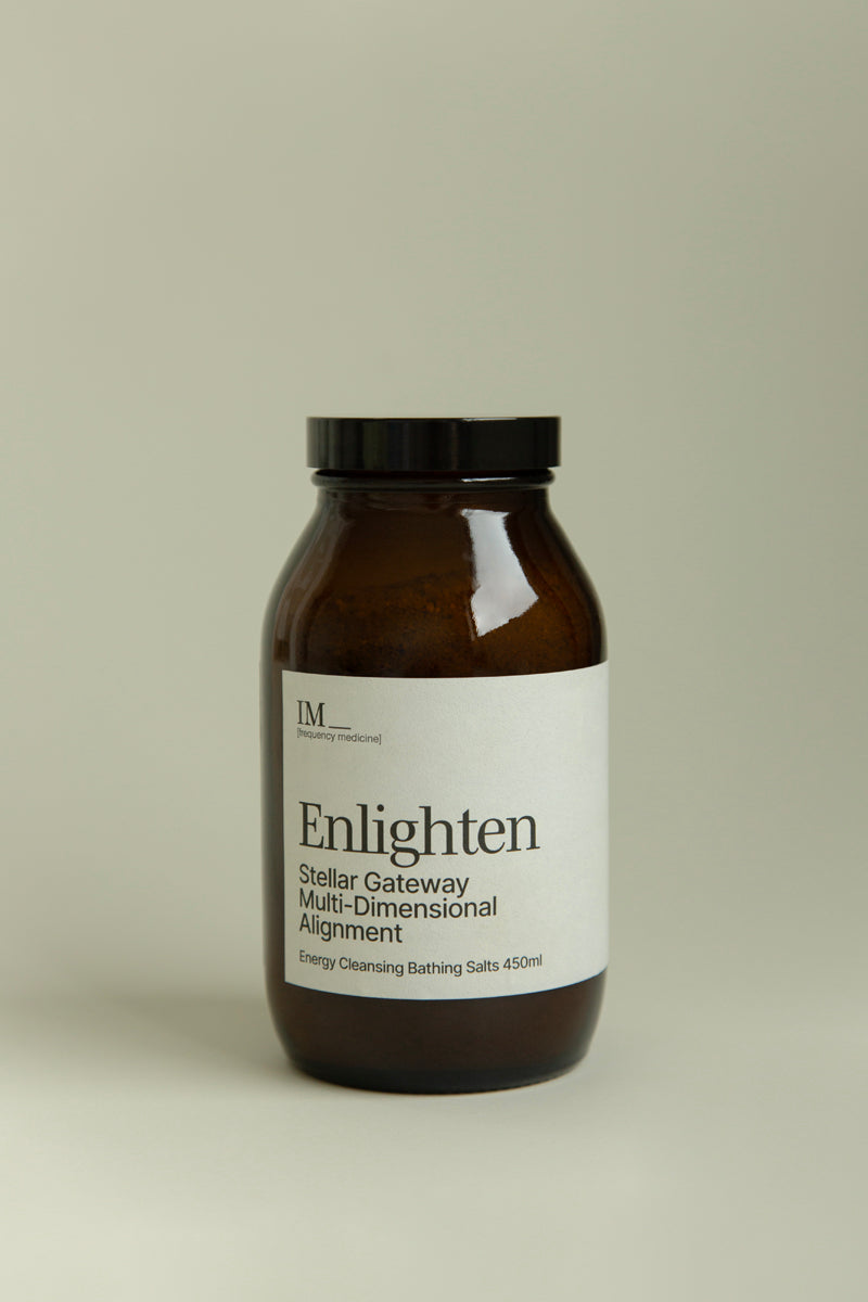 IM_frequency_medicine_Bath_salts_enlighten jar. Amber with white label