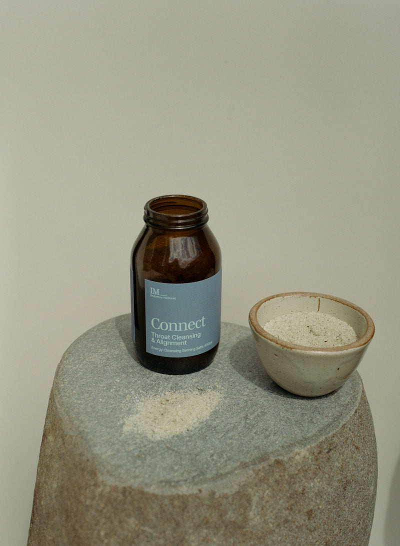 Connect Throat Chakra Bath salts IM Frequency Medicine in amber jar blue lable with ceramic pot with salts