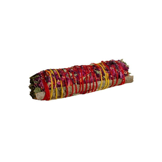 Rolled Havan sage bundle with colorful ribbons on a white background