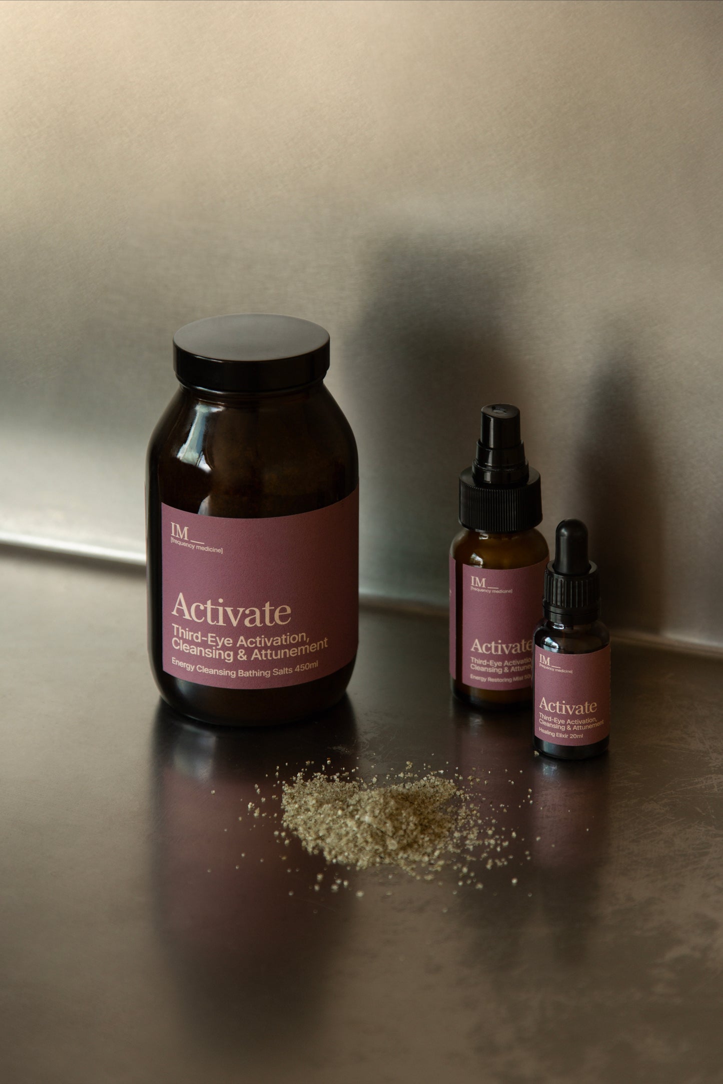 IM Frequency Medicine Activate Third eye attunement family of products. Energy cleansing bath salts, aura spray and activate elixir 