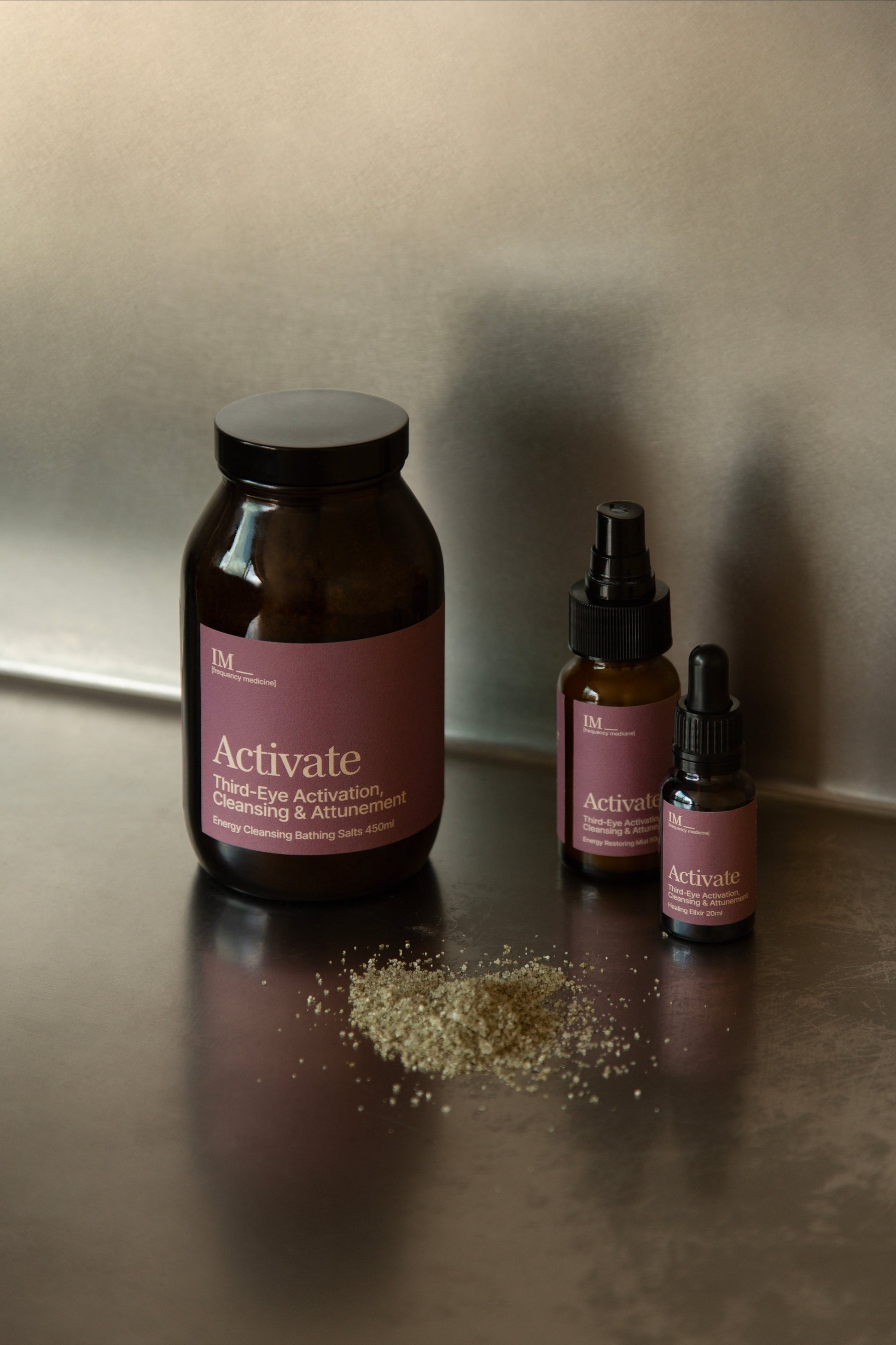 IM Frequency Medicine Activate Third eye attunement family of products. Energy cleansing bath salts, aura spray and activate elixir 